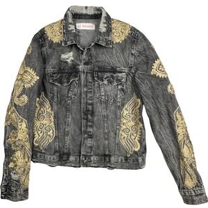 H&M Women's Distressed Denim Jacket Gold Embroidered Patches Button Up